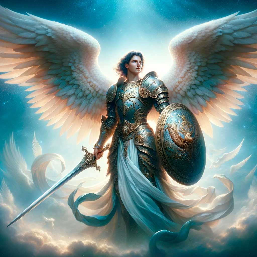anjos celestiais com escudo e espada