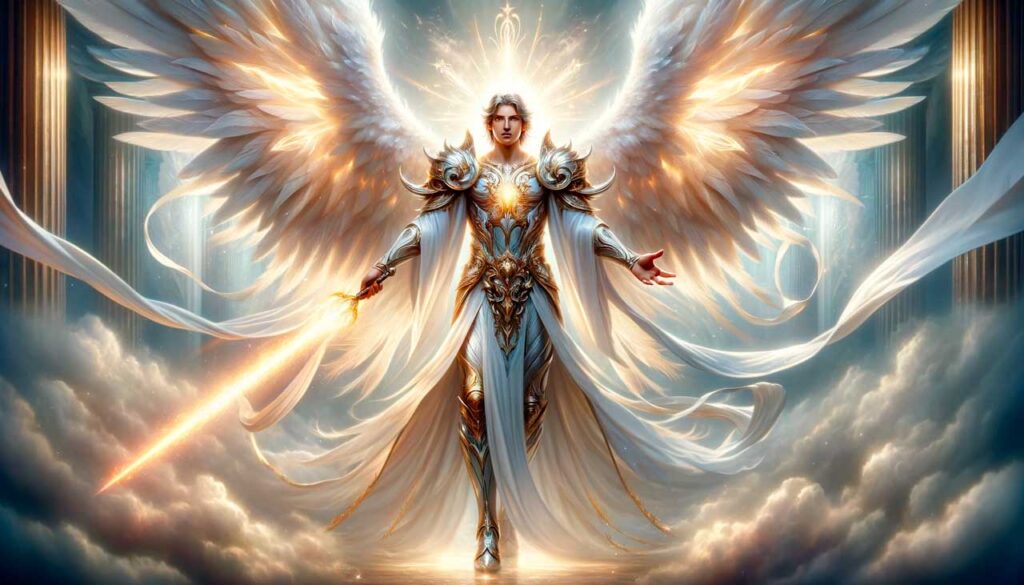 Anjos com espada flamejante e asas brilhantes